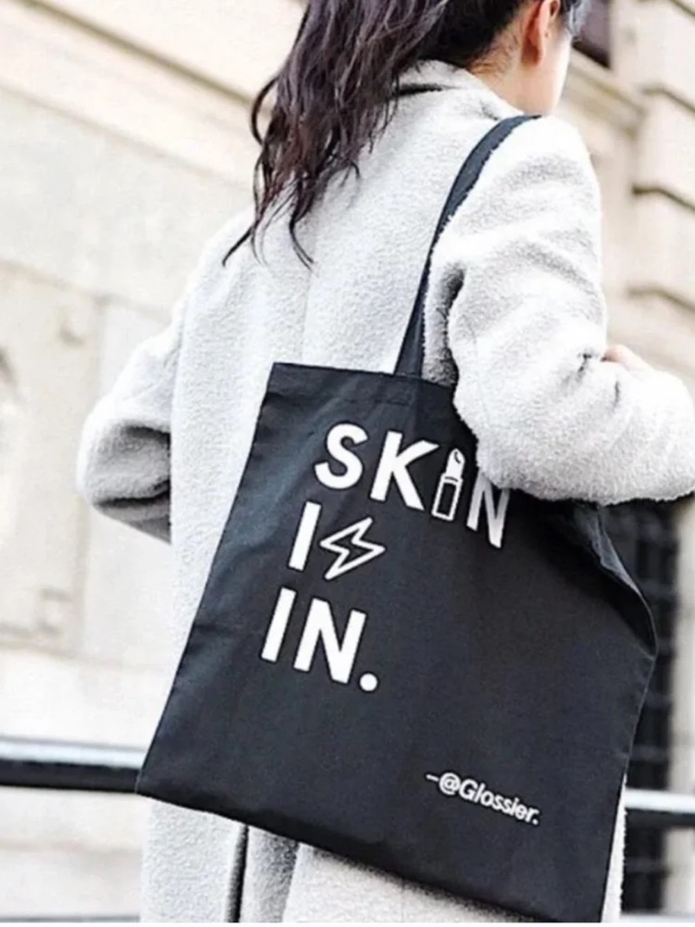 Glossier Skin Is In Black Canvas Tote Bag & Set of 3 Pink Bubble Pouches